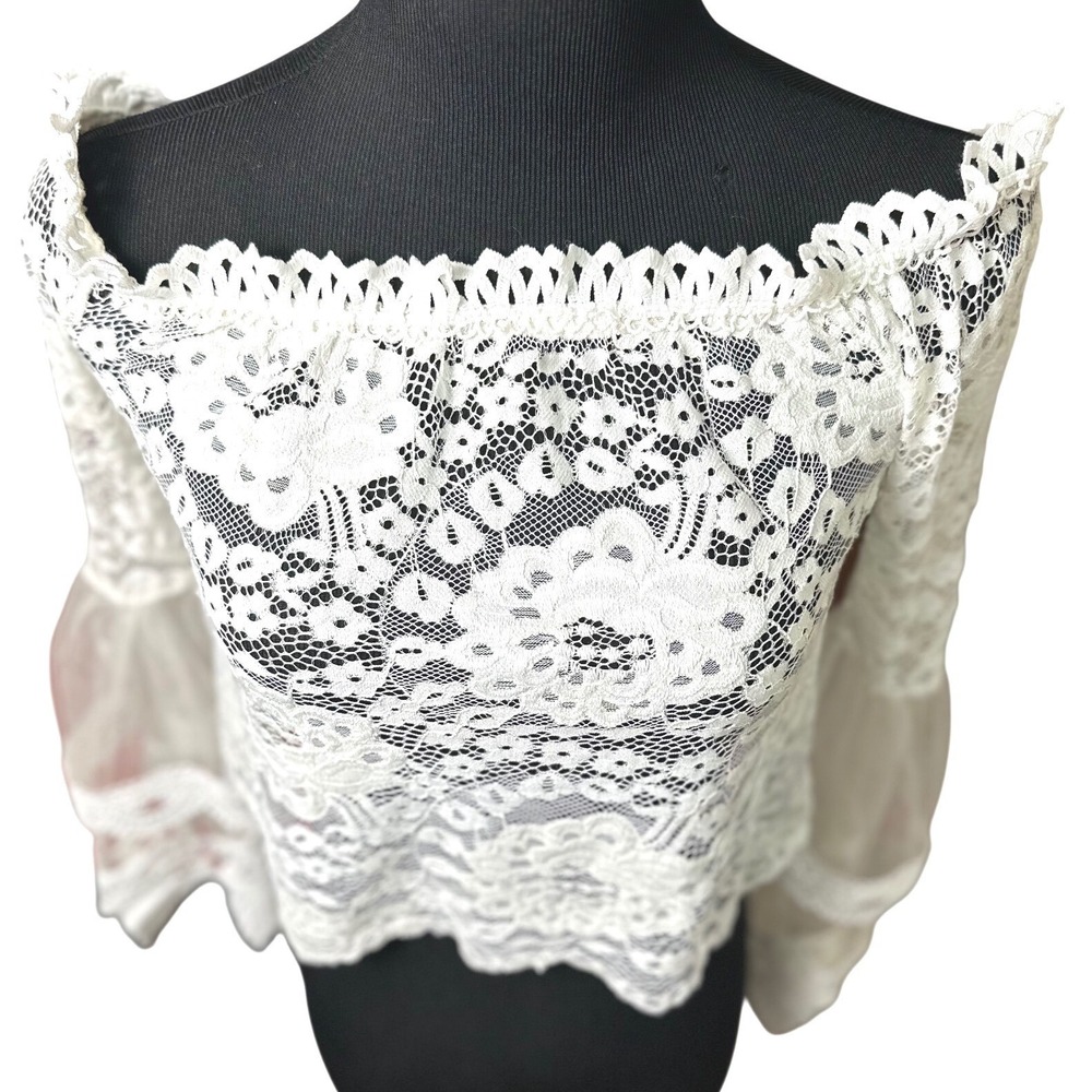 Boho White Lace Top Off Shoulder XS Crop Bell Sleeve Sheer Romantic Cottagecore - Picture 5 of 9